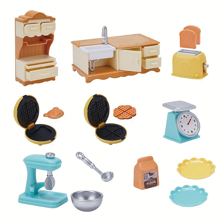Dollhouse Kitchen Set with Dining Table & Cabinet Pretend Play Toy