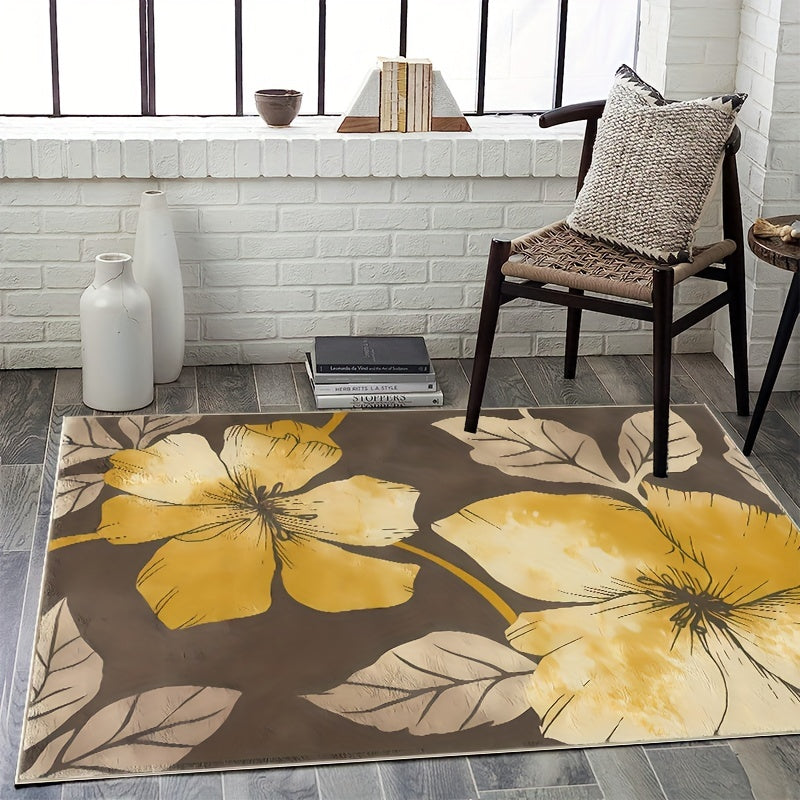 Yellow Large Pattern Area Carpet Machine Washable Non Slip Floor Mat