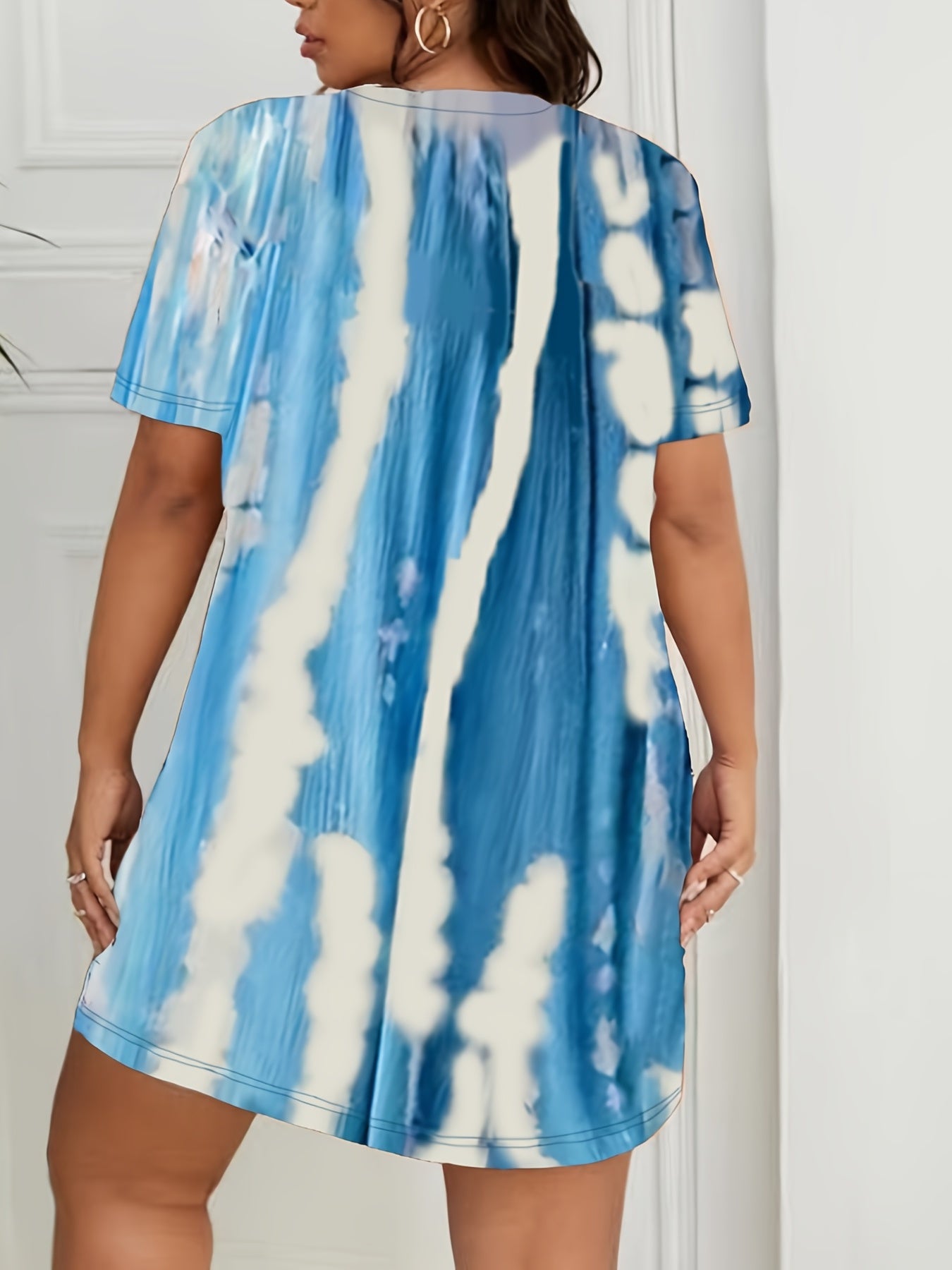  Tie Dye Print Lounge Dress Short Sleeve Round Neck Sleep Tee