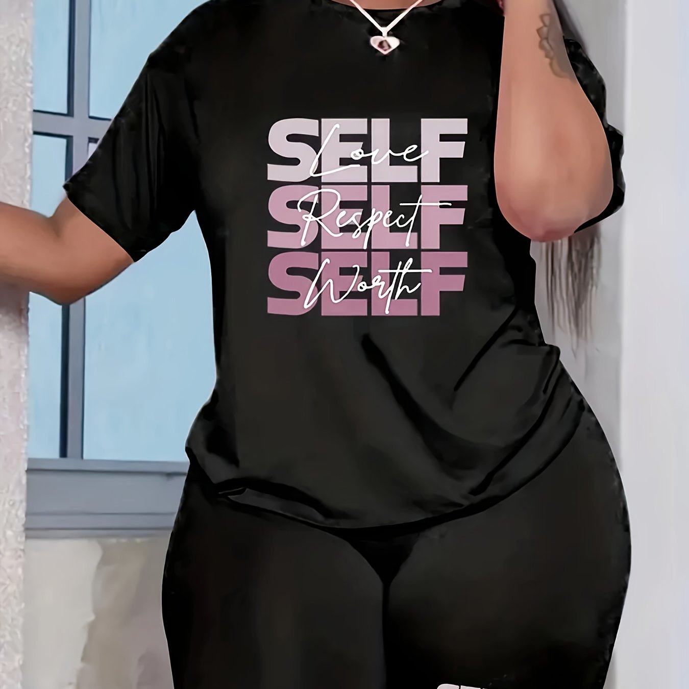  Art Letter Print Tee & Biker Shorts Pajamas Set