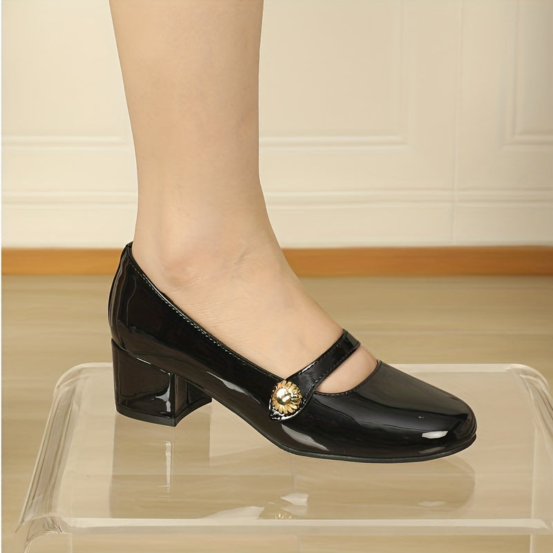 Women's Chunky Heel Mary Jane Retro Slip On Patent Leather Mid Heels