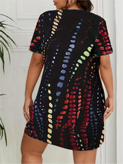  Tie Dye Print Lounge Dress Short Sleeve Round Neck Sleep Tee