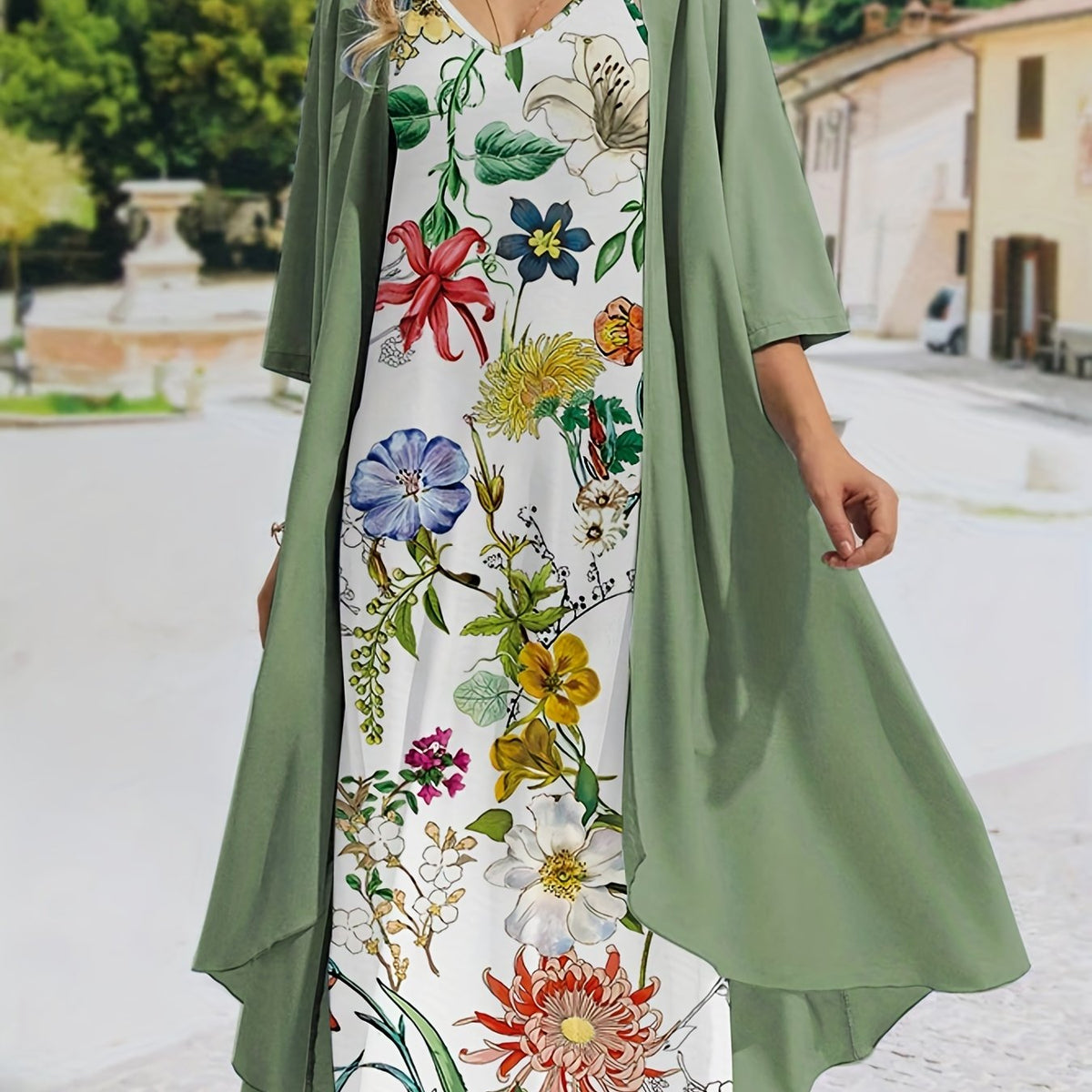 Spring & Summer Two-piece Set: Solid Open Front Coat & Floral Print Cami Dress