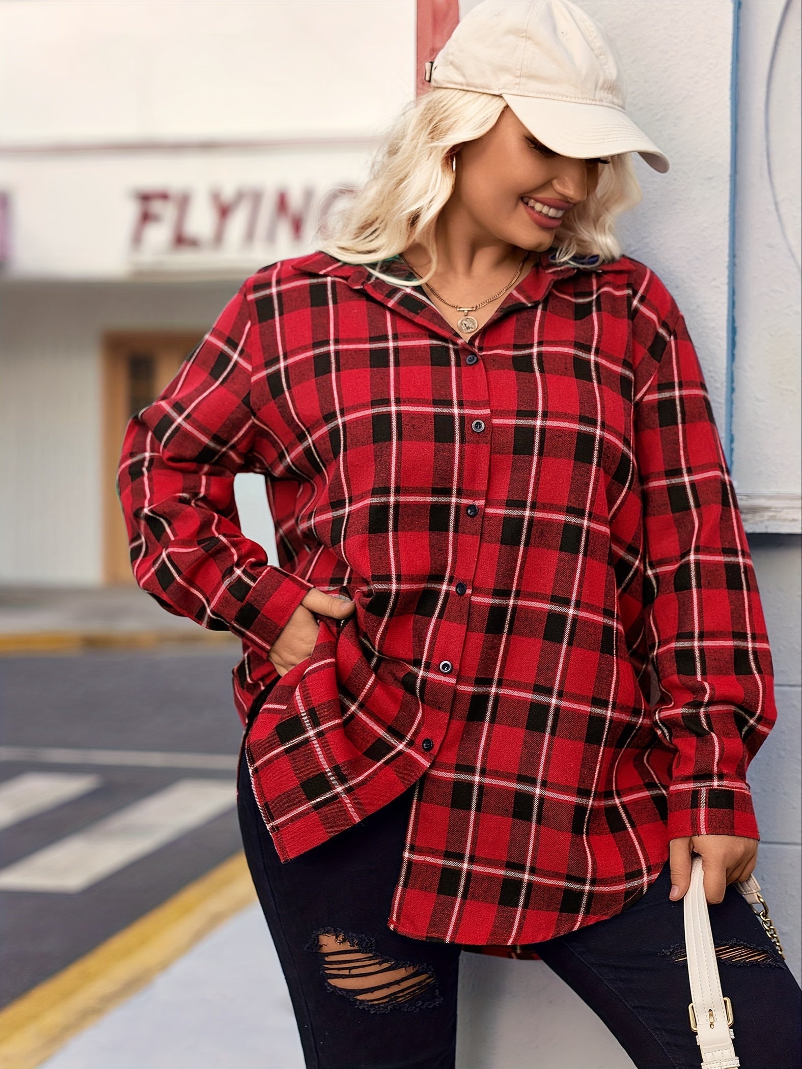  Plaid Print Button Up Long Sleeve Shacket