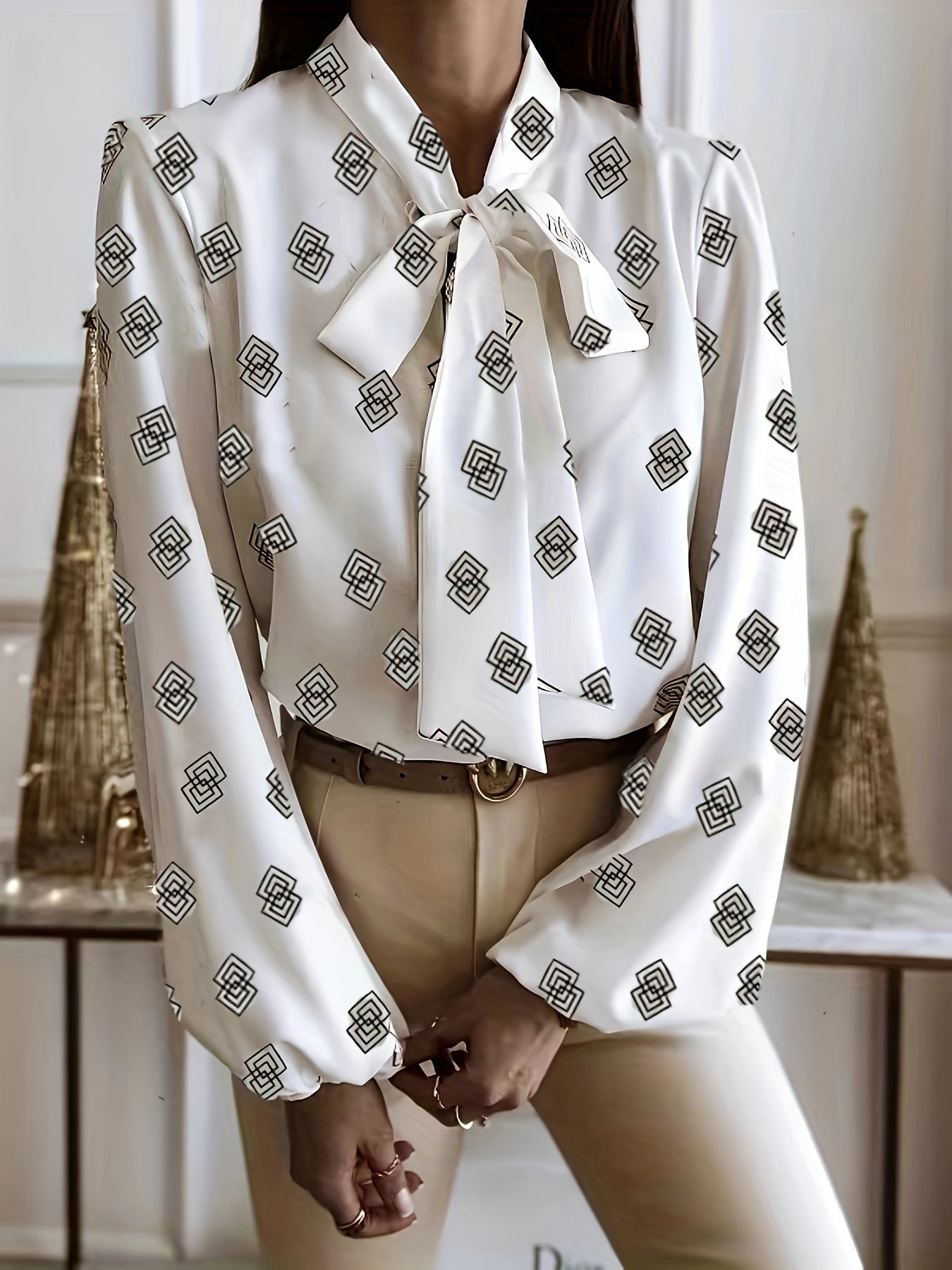  Casual Blouse Women's Plus Argyle Print Lantern Sleeve