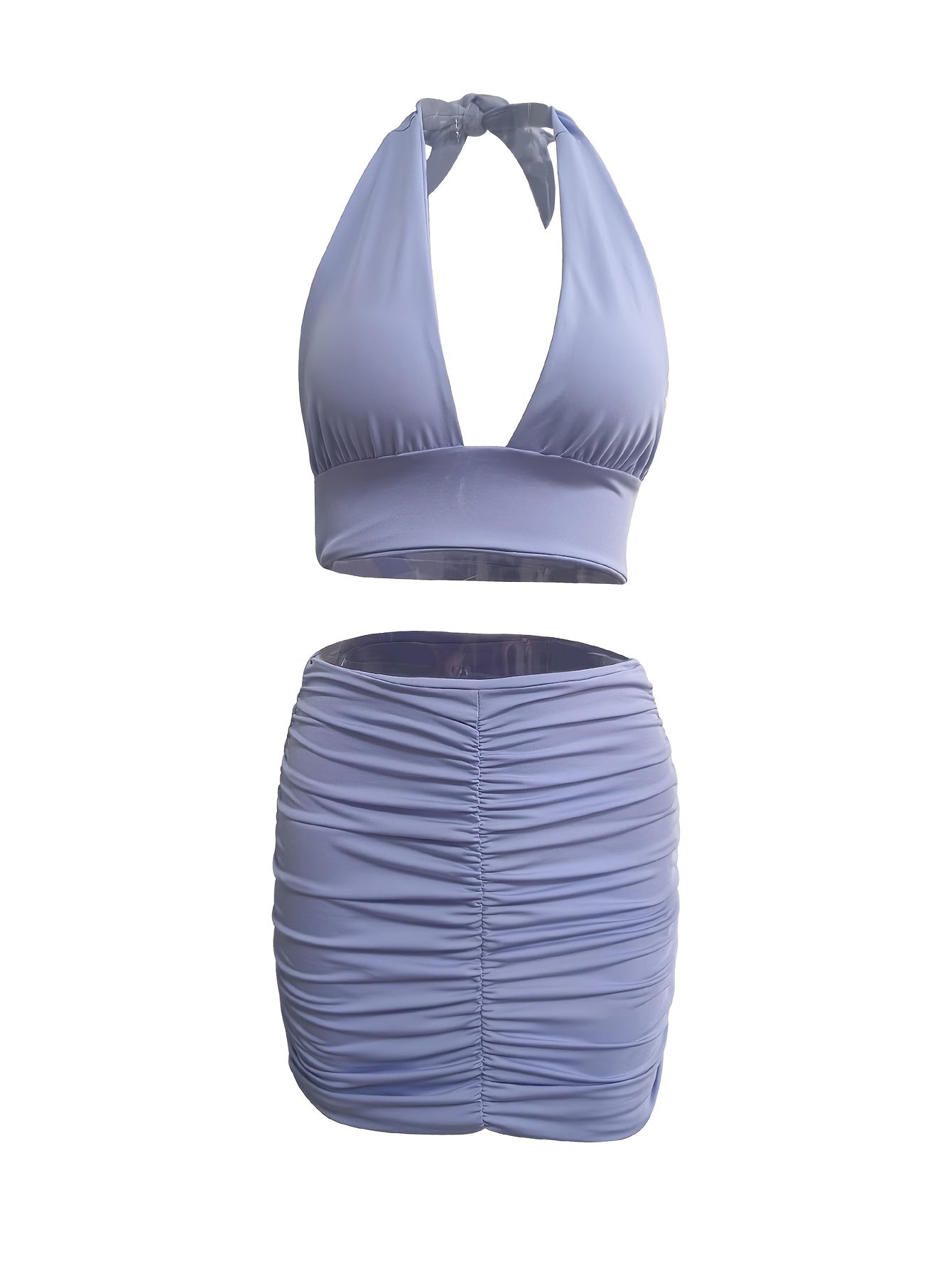 Solid Matching Two piece Skirt Set Crop Halter Top & Ruched Skirt