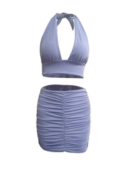Solid Matching Two piece Skirt Set Crop Halter Top & Ruched Skirt