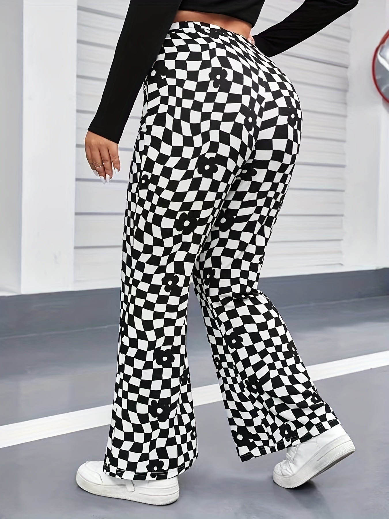 Floral & Checkered Print Flared Leg High Rise Pants Plus Size Y2K