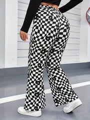 Floral & Checkered Print Flared Leg High Rise Pants Plus Size Y2K