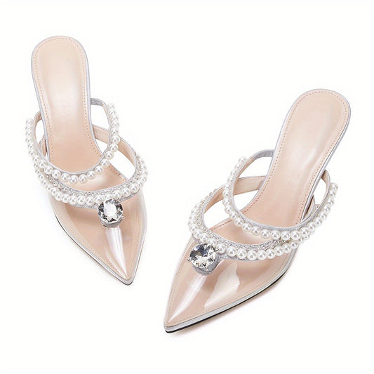 Women's Pearl & Rhinestone Slingback Mules High Heels