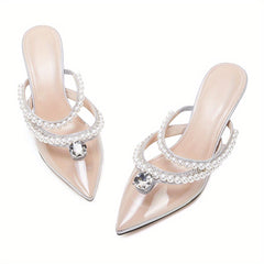 Women's Pearl & Rhinestone Slingback Mules High Heels