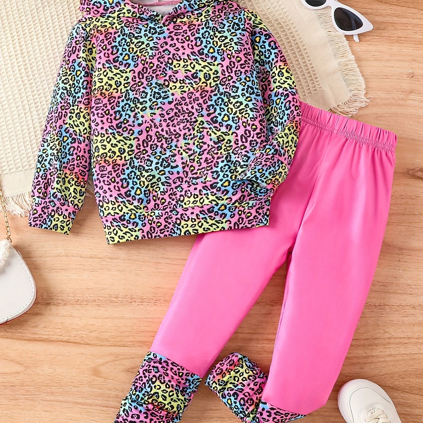Colorful Leopard Pattern Girl's 2pcs Hoodie & Leggings Set Outfits