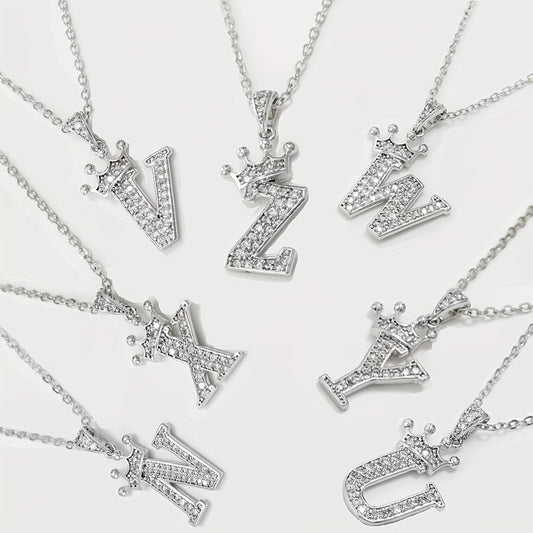 Zircon Crown Letter Necklace Pendant in Golden Plated Copper Chain