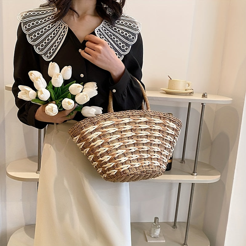 Straw Woven Tote Bag Large Beach Handbag for Travel & Shopping