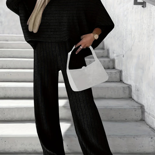  Ribbed Bat Sleeve One Shoulder Top & Pants Set