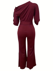 Slanted Shoulder Wide Leg Jumpsuit High Waist Casual