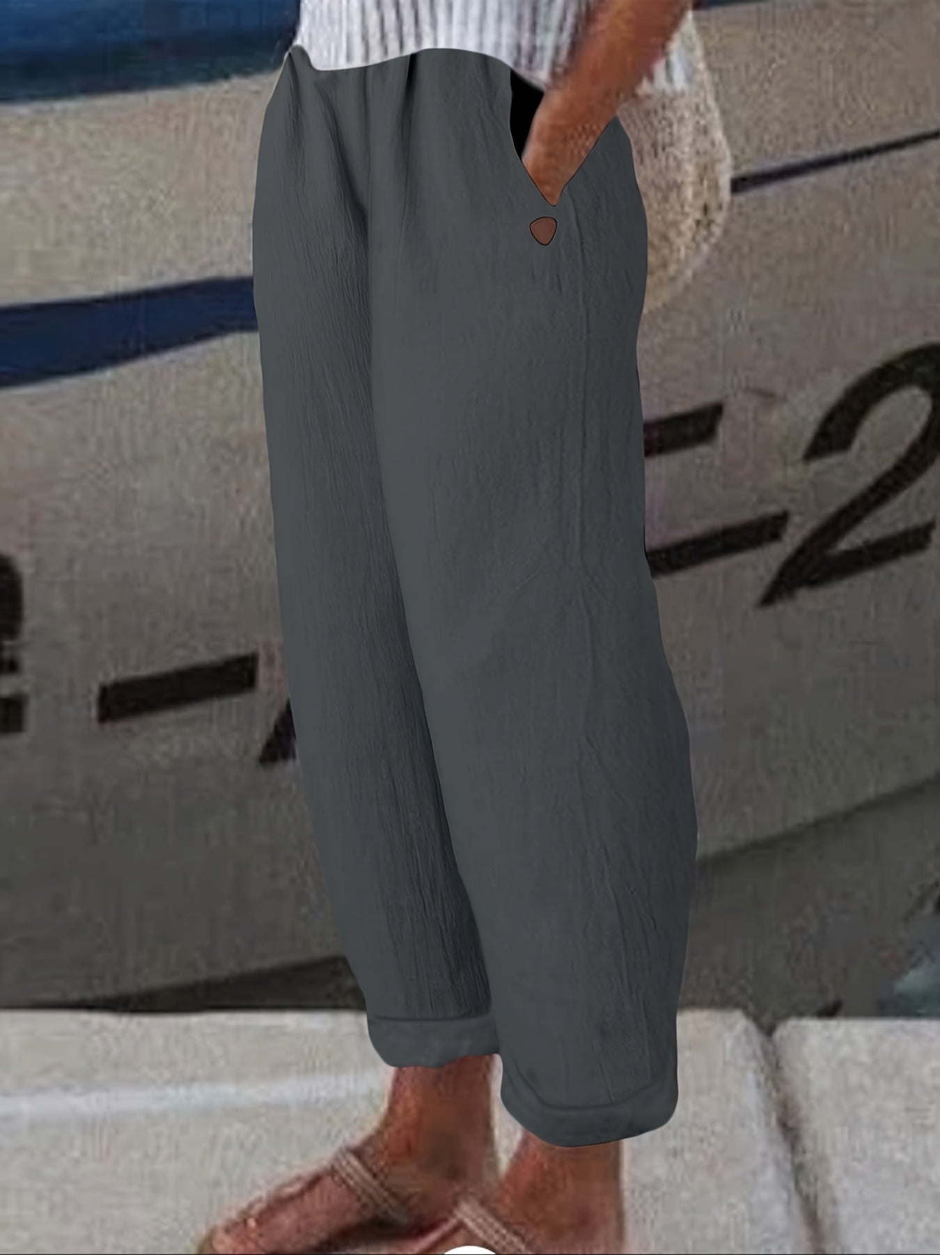 Solid Straight Leg Elastic Waist Pants Casual Dual Pockets Pants