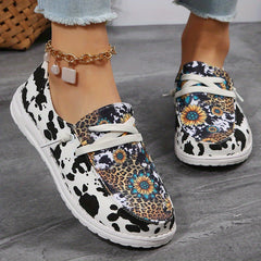 Women's Cow & Sunflower Print Canvas Loafers Lightweight Sneakers