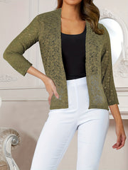 Solid Lace Open Front Top Long Sleeve Flower Pattern Top