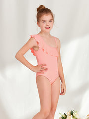Toddler Girls One Piece Swimsuit Ruffle Trim Asymmetrical Neck