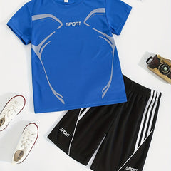 2pcs Boys Sport Outfit Short Sleeves Round Neck T shirt & Shorts Casual