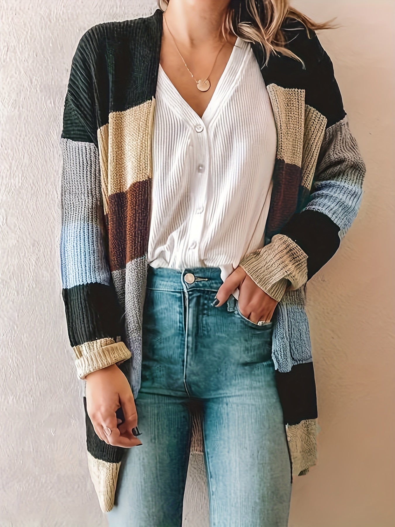  Colorblock Long Sleeve Open Front Cardigan With Pockets