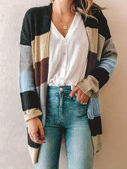  Colorblock Long Sleeve Open Front Cardigan With Pockets