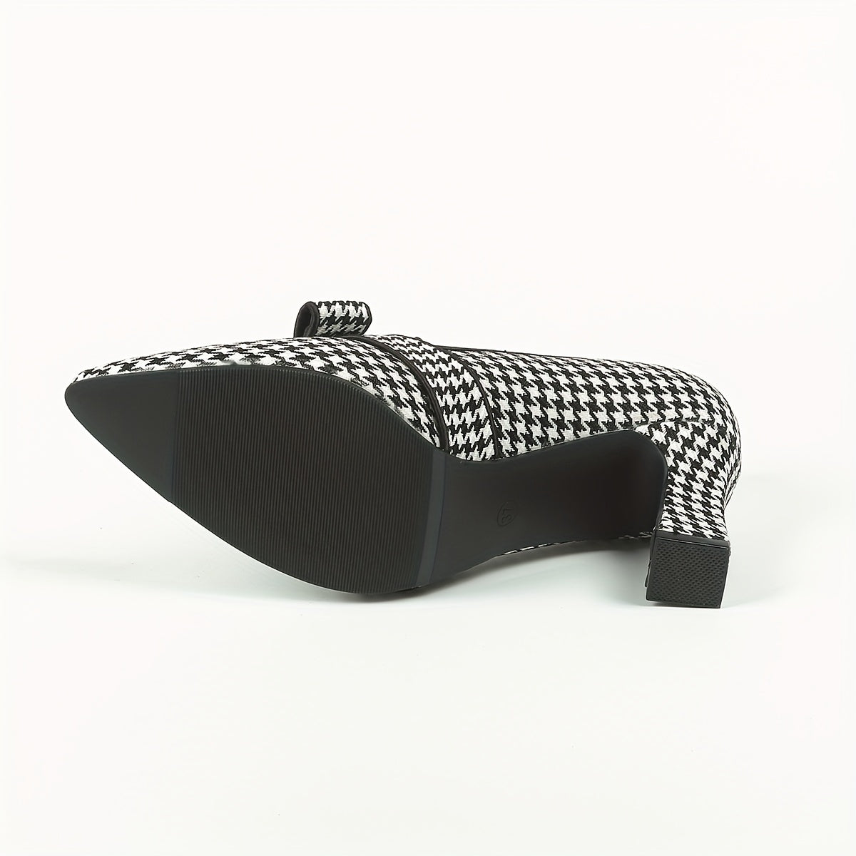 Women's Houndstooth Pumps Bowknot Slip On Chunky Heels