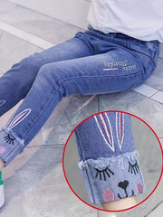 Girls Geometric Cartoon Jeans Elastic Waist Trousers 5-12 Years