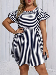  Stripe Print Ruffle Trim Mini Dress