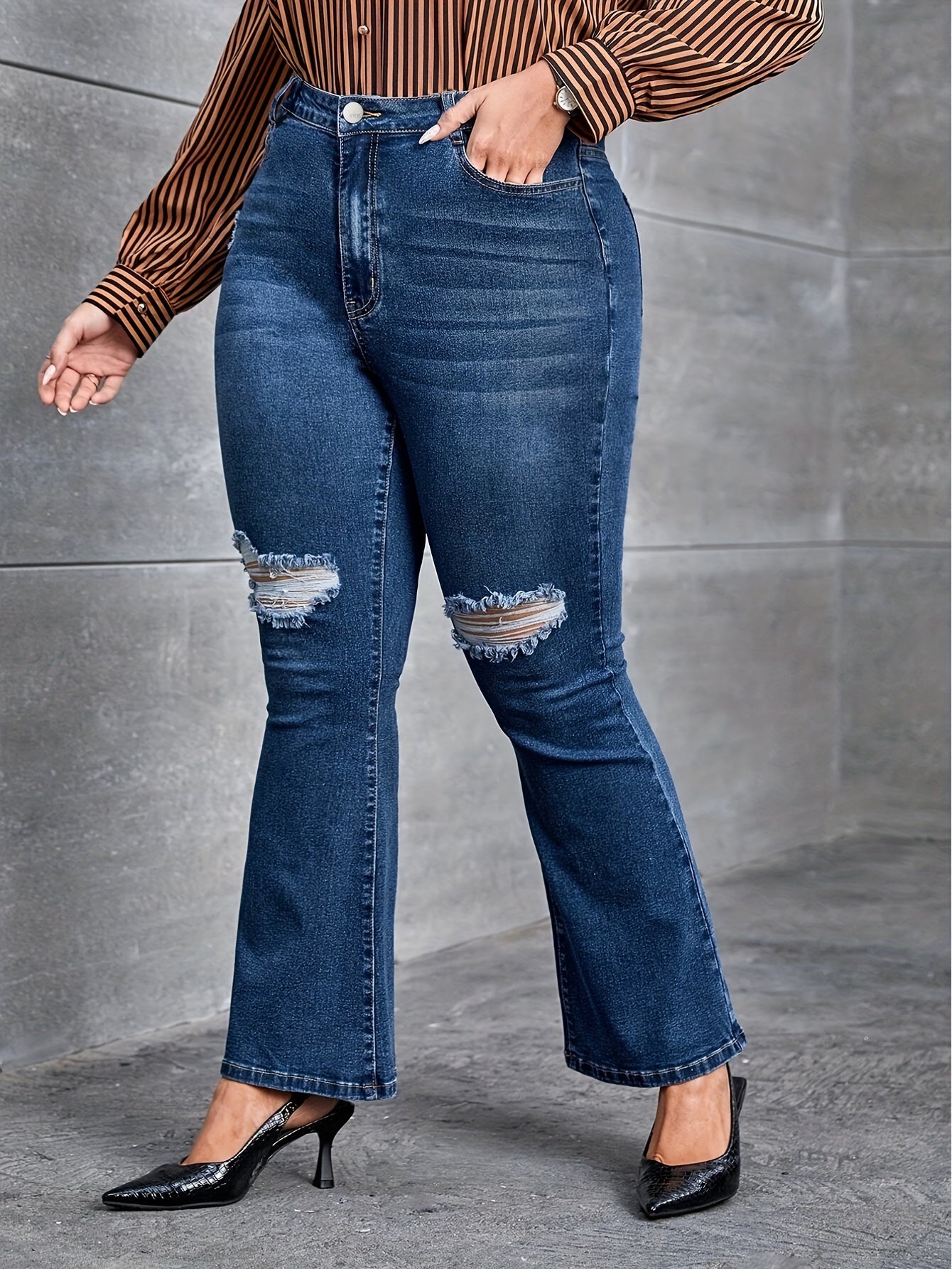 High Rise Ripped Flared Jeans Plus Size Stretch Denim Pants