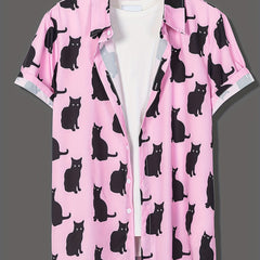 Cat Print Men's Casual Short Sleeve Shirt for Summer Vacation Resort