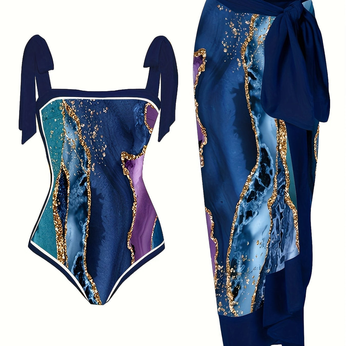  Glitter Marble Print Swimsuit & Cover Up Set