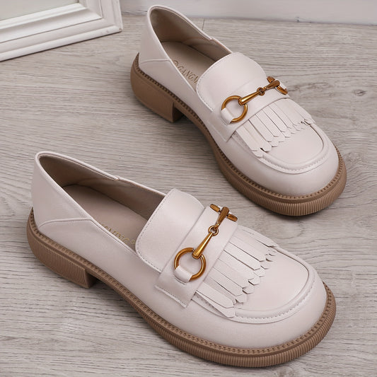 Chain Decor Loafers Tassel Faux Leather Shoes Retro Style