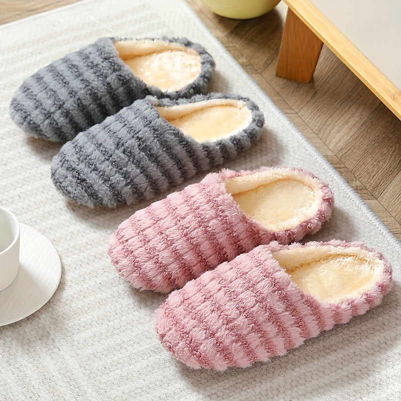 Women's Plush Striped Slippers Soft Sole Fuzzy Home Slides