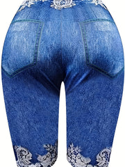 Floral & Denim Print Casual Leggings for Women