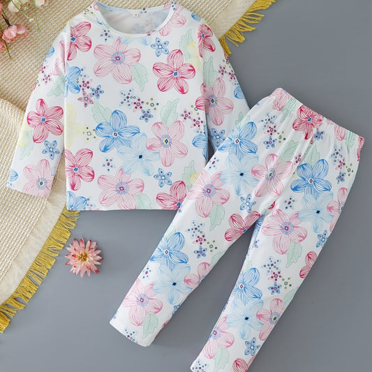 2pcs Toddler Girls Flowers Graphic Pajama Set Long Sleeve Top & Pants Sleepwear