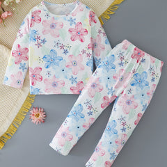 2pcs Toddler Girls Flowers Graphic Pajama Set Long Sleeve Top & Pants Sleepwear