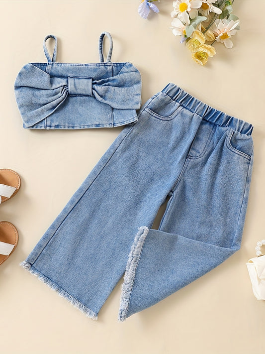 2pcs Baby Girls Bowknot Denim Camisole Top & Pants Set