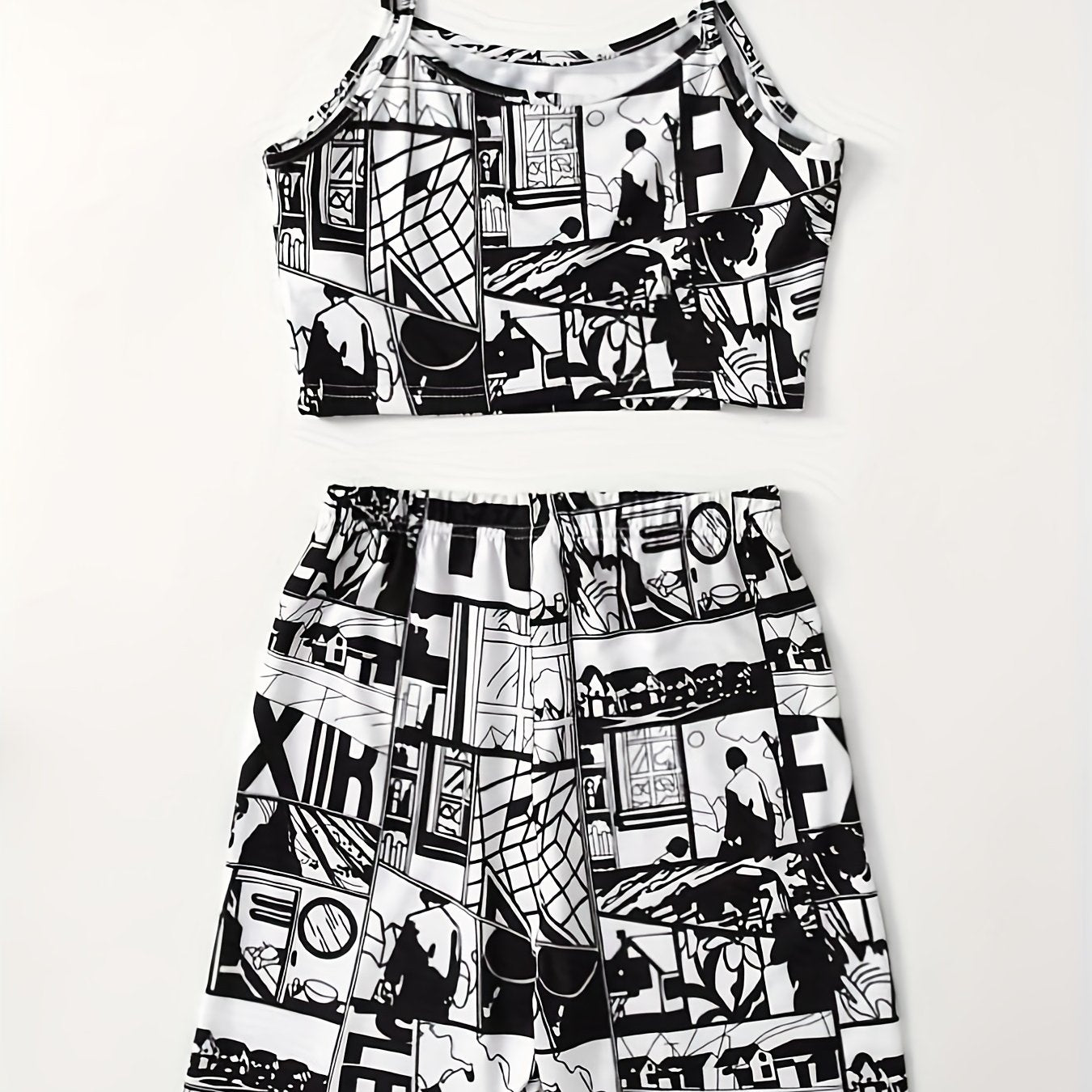 Anime Print Two piece Shorts Set Crop Cami Top & Casual Shorts