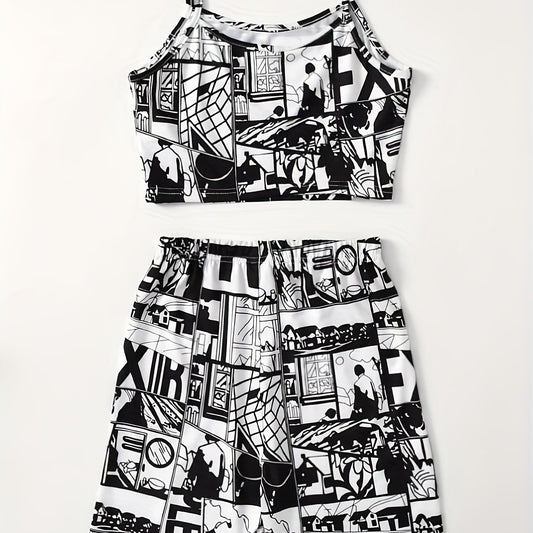 Anime Print Two piece Shorts Set Crop Cami Top & Casual Shorts