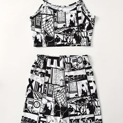 Anime Print Two piece Shorts Set Crop Cami Top & Casual Shorts