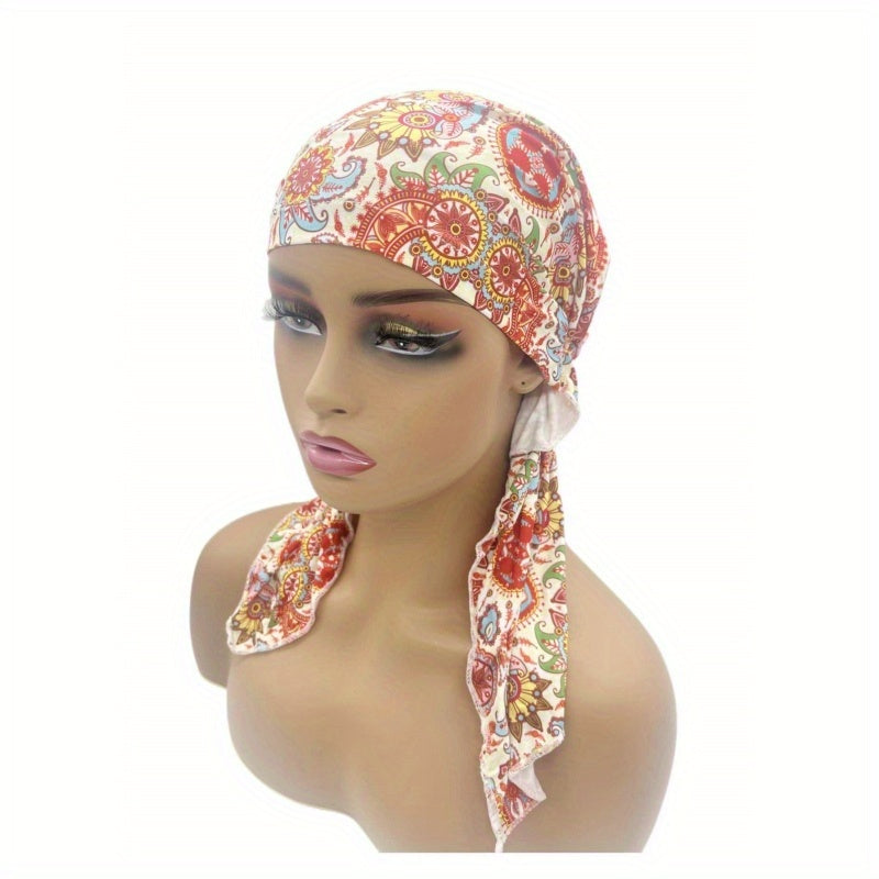 Paisley Print Head Wrap Casual Elastic Turban Soft Long Tail Bonnet