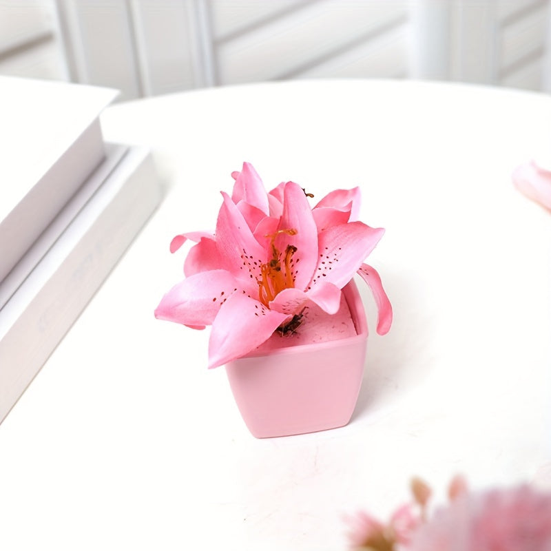 5pcs Artificial Flower Green Plant with Pink Flower Small Potted Plant