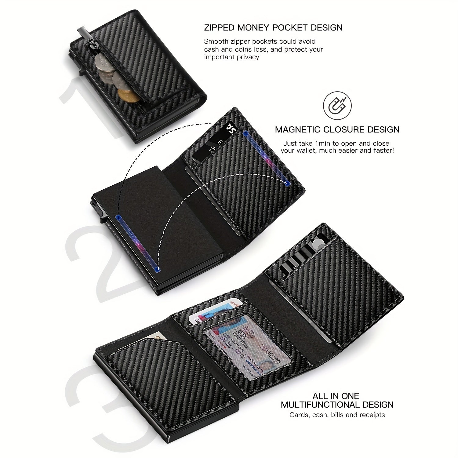 Men's Carbon Fiber Magnetic Card Holder Airtag Leather RFID Zipper Coin Purse