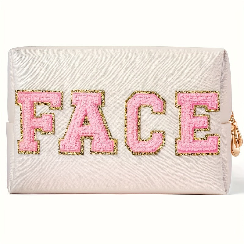Plush Letter Patched Makeup Pouch Travel Toiletry Bag