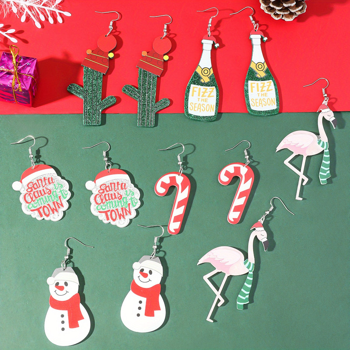 12PCS Christmas Earrings Set Snowman, Santa Claus, Beer, Cactus, Umbrella