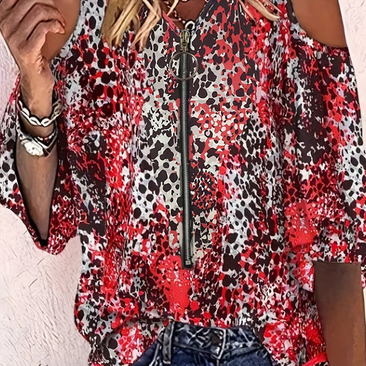  Leopard Print Cold Sleeve Short Sleeve Blouse