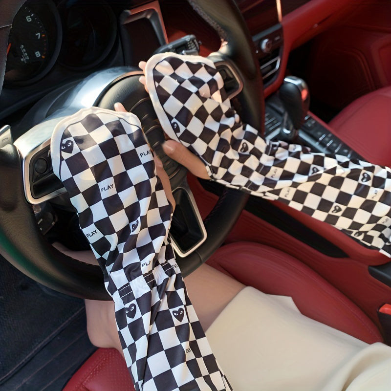 Plaid Sunscreen Gloves UV Protection Sleeves with Thumb Hole