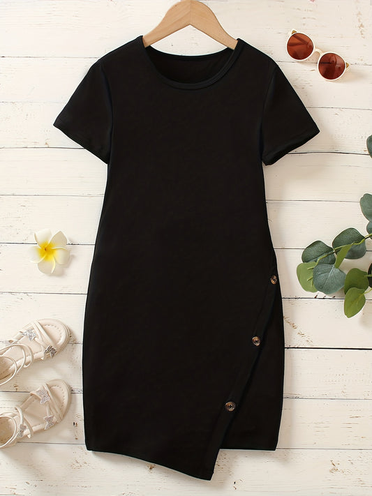 Girls Casual Button Short Sleeve Dress
